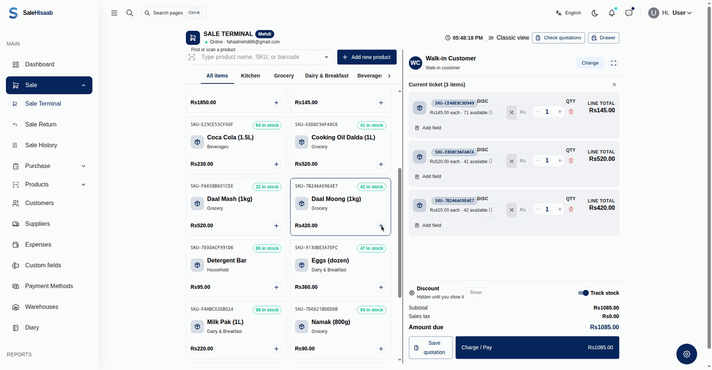 SaleHisaab sale terminal with a live checkout